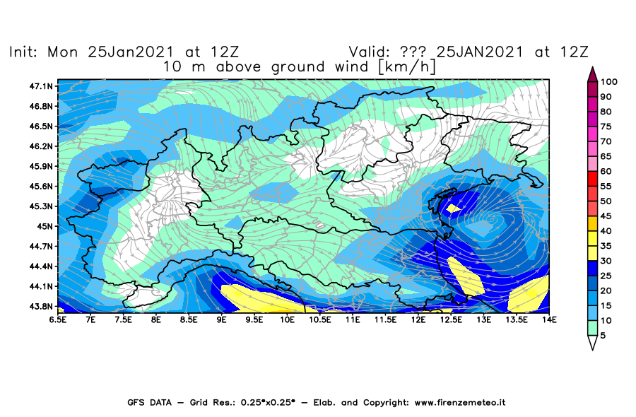 Mappa di analisi GFS - Velocità del vento a 10 metri dal suolo [km/h] in Nord-Italia
							del 25/01/2021 12 <!--googleoff: index-->UTC<!--googleon: index-->