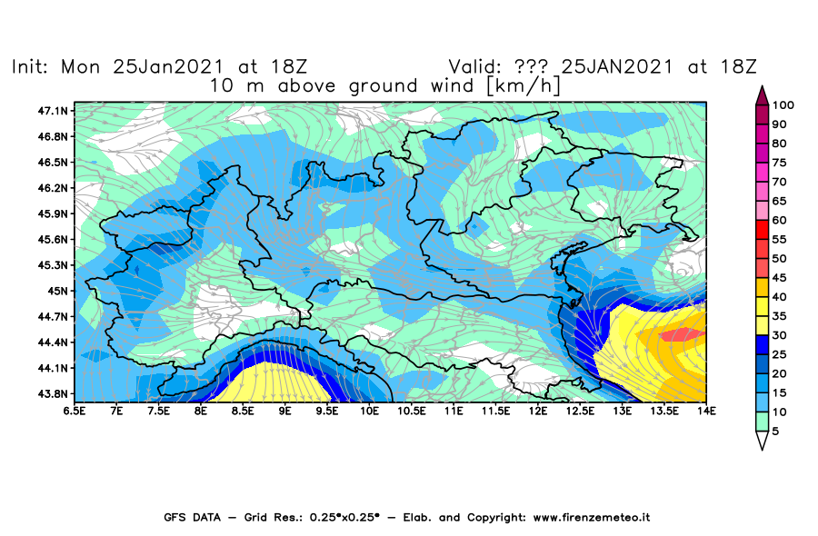 Mappa di analisi GFS - Velocità del vento a 10 metri dal suolo [km/h] in Nord-Italia
									del 25/01/2021 18 <!--googleoff: index-->UTC<!--googleon: index-->