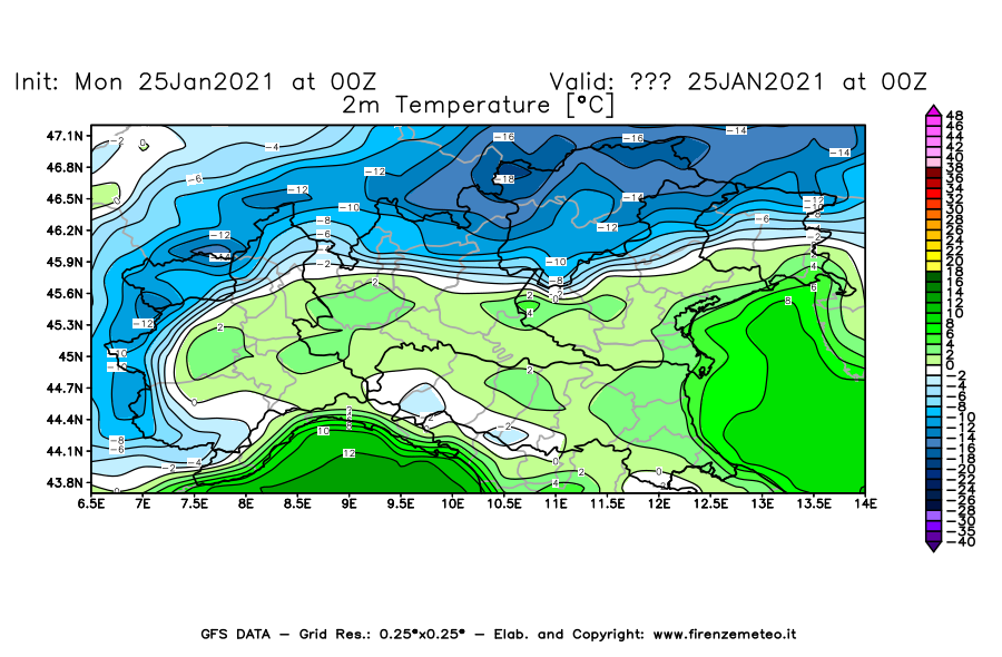 Mappa di analisi GFS - Temperatura a 2 metri dal suolo [°C] in Nord-Italia
							del 25/01/2021 00 <!--googleoff: index-->UTC<!--googleon: index-->