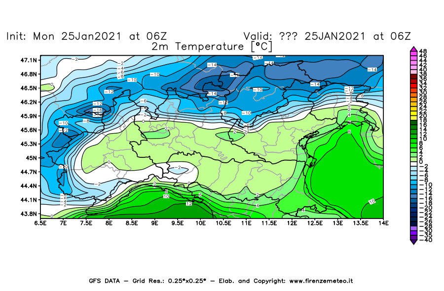 Mappa di analisi GFS - Temperatura a 2 metri dal suolo [°C] in Nord-Italia
							del 25/01/2021 06 <!--googleoff: index-->UTC<!--googleon: index-->