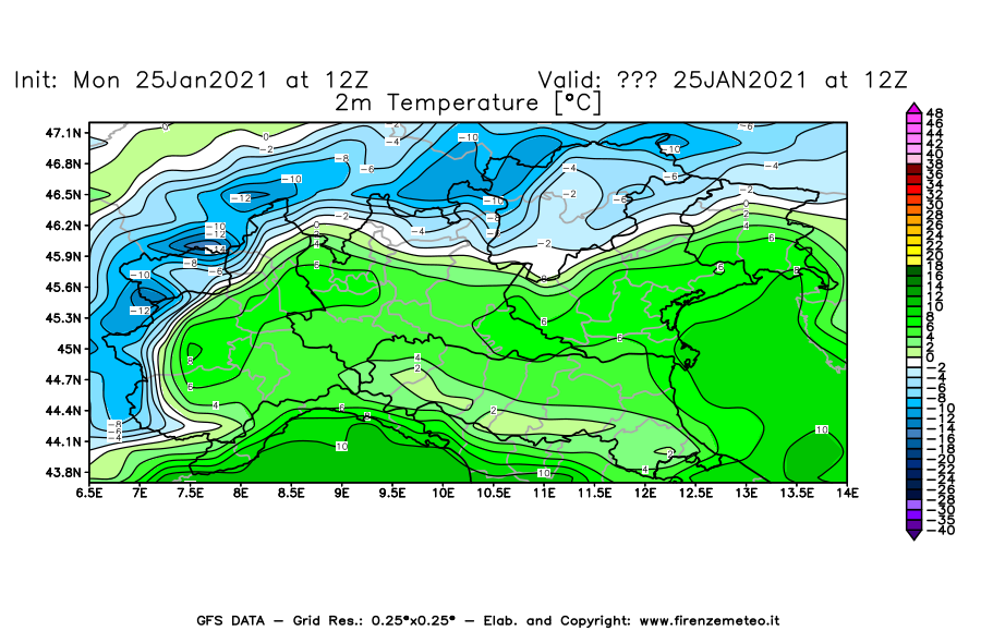 Mappa di analisi GFS - Temperatura a 2 metri dal suolo [°C] in Nord-Italia
							del 25/01/2021 12 <!--googleoff: index-->UTC<!--googleon: index-->