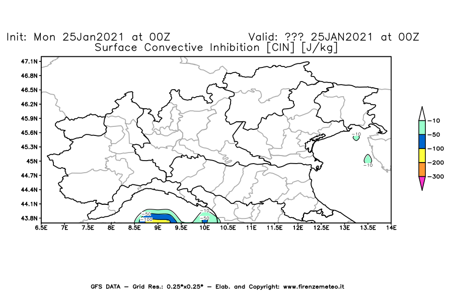 Mappa di analisi GFS - CIN [J/kg] in Nord-Italia
									del 25/01/2021 00 <!--googleoff: index-->UTC<!--googleon: index-->