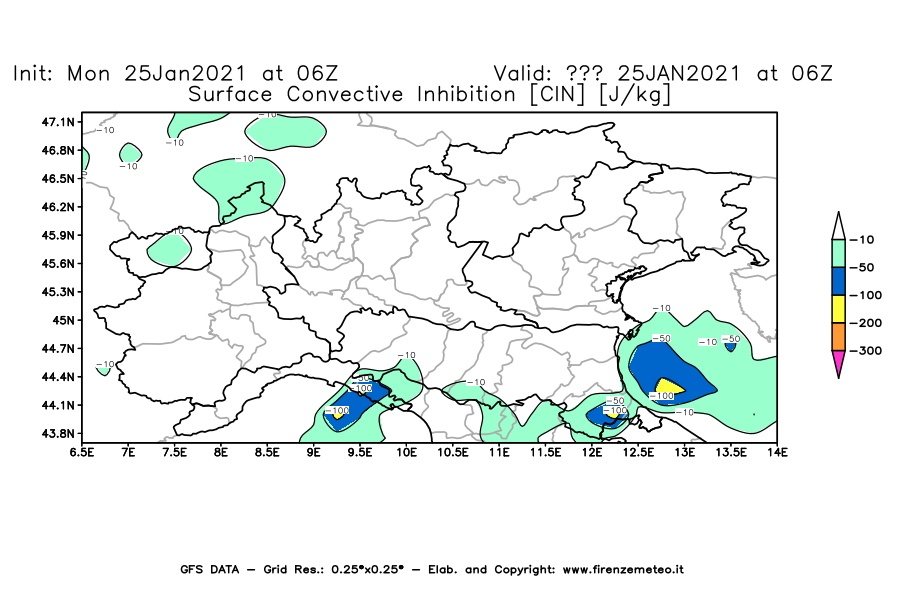 Mappa di analisi GFS - CIN [J/kg] in Nord-Italia
									del 25/01/2021 06 <!--googleoff: index-->UTC<!--googleon: index-->