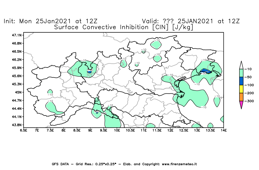 Mappa di analisi GFS - CIN [J/kg] in Nord-Italia
							del 25/01/2021 12 <!--googleoff: index-->UTC<!--googleon: index-->