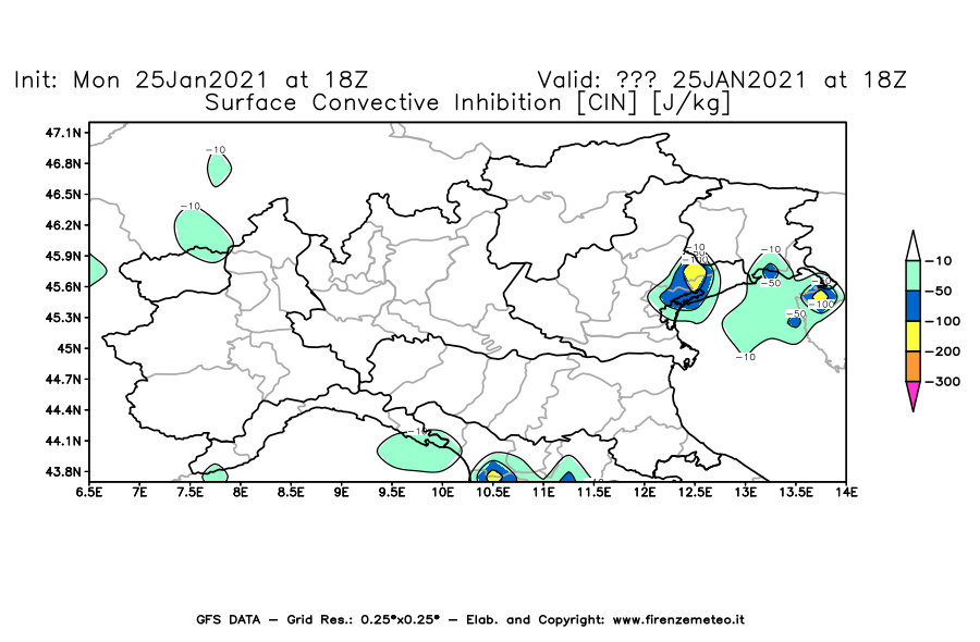 Mappa di analisi GFS - CIN [J/kg] in Nord-Italia
							del 25/01/2021 18 <!--googleoff: index-->UTC<!--googleon: index-->