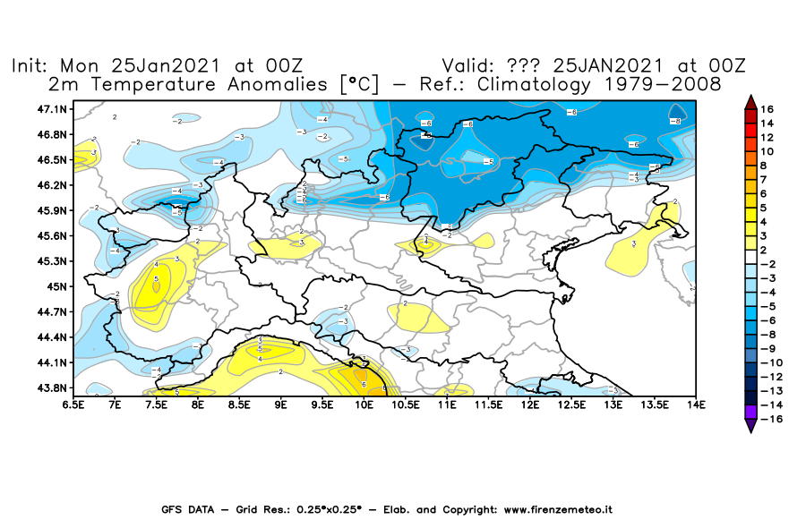 Mappa di analisi GFS - Anomalia Temperatura [°C] a 2 m in Nord-Italia
							del 25/01/2021 00 <!--googleoff: index-->UTC<!--googleon: index-->