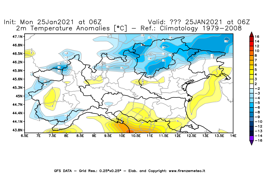 Mappa di analisi GFS - Anomalia Temperatura [°C] a 2 m in Nord-Italia
							del 25/01/2021 06 <!--googleoff: index-->UTC<!--googleon: index-->
