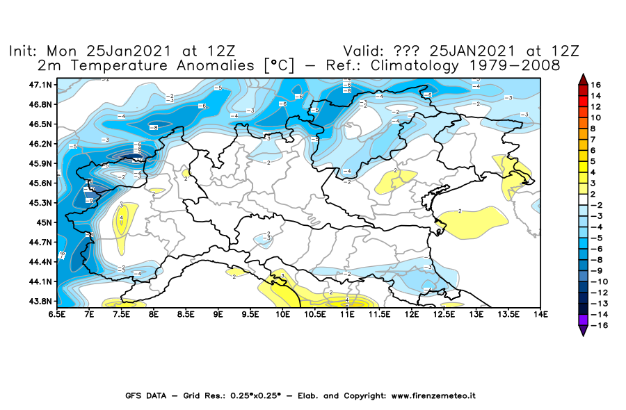 Mappa di analisi GFS - Anomalia Temperatura [°C] a 2 m in Nord-Italia
							del 25/01/2021 12 <!--googleoff: index-->UTC<!--googleon: index-->