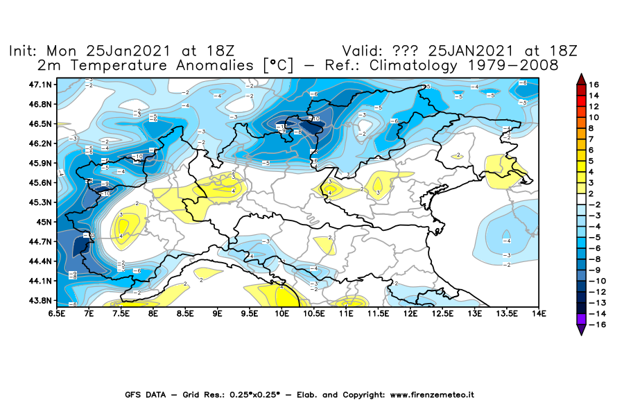 Mappa di analisi GFS - Anomalia Temperatura [°C] a 2 m in Nord-Italia
							del 25/01/2021 18 <!--googleoff: index-->UTC<!--googleon: index-->