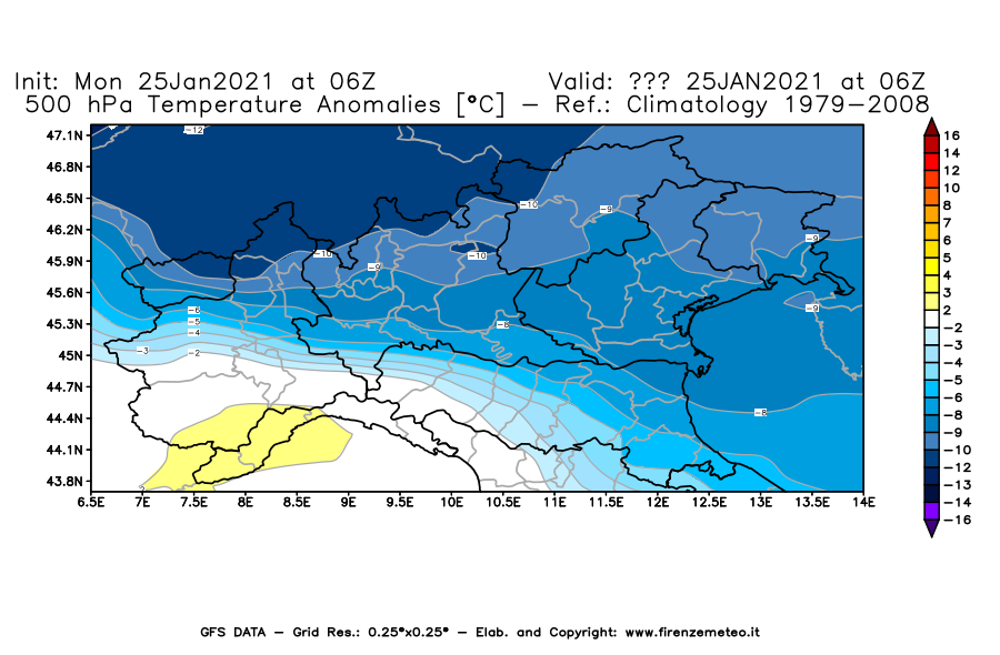 Mappa di analisi GFS - Anomalia Temperatura [°C] a 500 hPa in Nord-Italia
									del 25/01/2021 06 <!--googleoff: index-->UTC<!--googleon: index-->