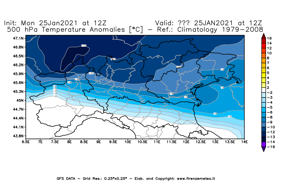 Mappa di analisi GFS - Anomalia Temperatura [°C] a 500 hPa in Nord-Italia
									del 25/01/2021 12 <!--googleoff: index-->UTC<!--googleon: index-->