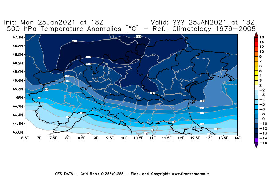 Mappa di analisi GFS - Anomalia Temperatura [°C] a 500 hPa in Nord-Italia
							del 25/01/2021 18 <!--googleoff: index-->UTC<!--googleon: index-->