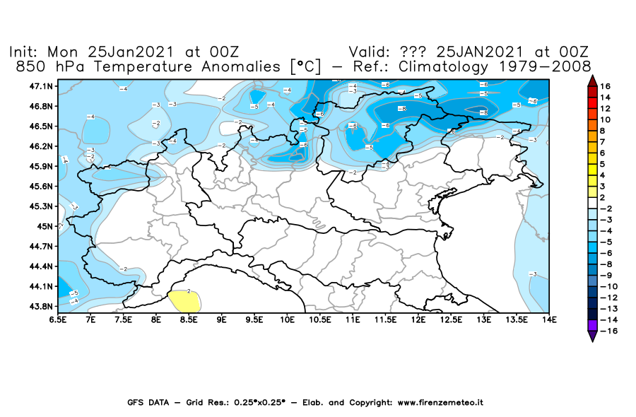 Mappa di analisi GFS - Anomalia Temperatura [°C] a 850 hPa in Nord-Italia
									del 25/01/2021 00 <!--googleoff: index-->UTC<!--googleon: index-->