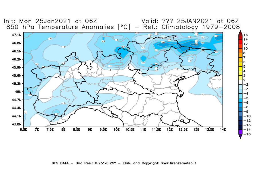 Mappa di analisi GFS - Anomalia Temperatura [°C] a 850 hPa in Nord-Italia
							del 25/01/2021 06 <!--googleoff: index-->UTC<!--googleon: index-->