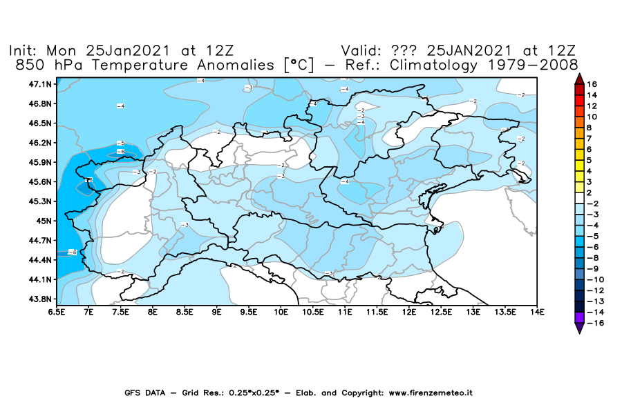Mappa di analisi GFS - Anomalia Temperatura [°C] a 850 hPa in Nord-Italia
									del 25/01/2021 12 <!--googleoff: index-->UTC<!--googleon: index-->
