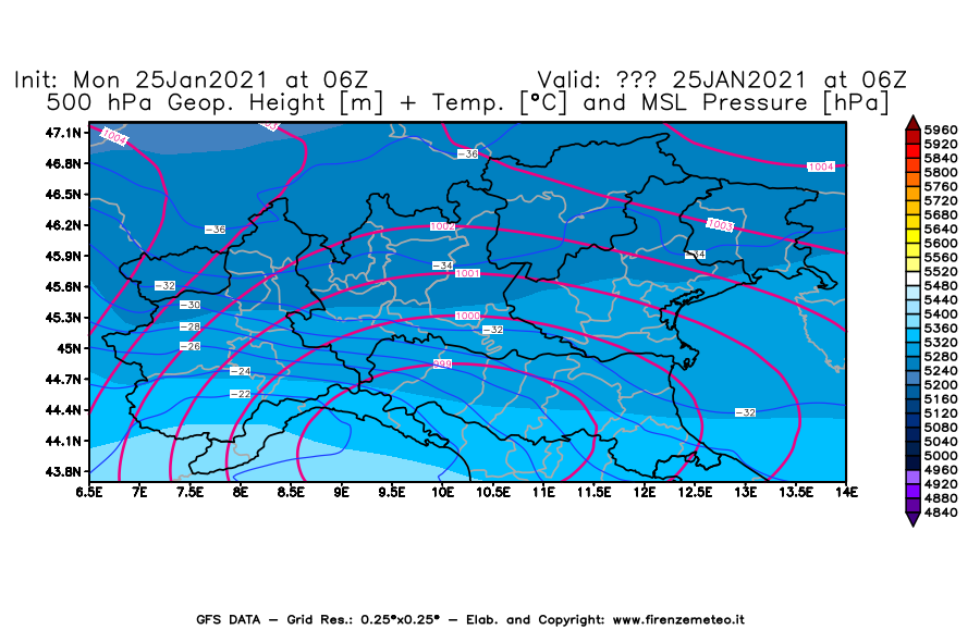 Mappa di analisi GFS - Geopotenziale [m] + Temp. [°C] a 500 hPa + Press. a livello del mare [hPa] in Nord-Italia
									del 25/01/2021 06 <!--googleoff: index-->UTC<!--googleon: index-->