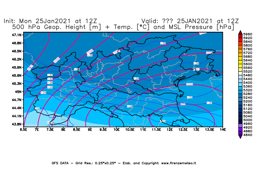 Mappa di analisi GFS - Geopotenziale [m] + Temp. [°C] a 500 hPa + Press. a livello del mare [hPa] in Nord-Italia
									del 25/01/2021 12 <!--googleoff: index-->UTC<!--googleon: index-->
