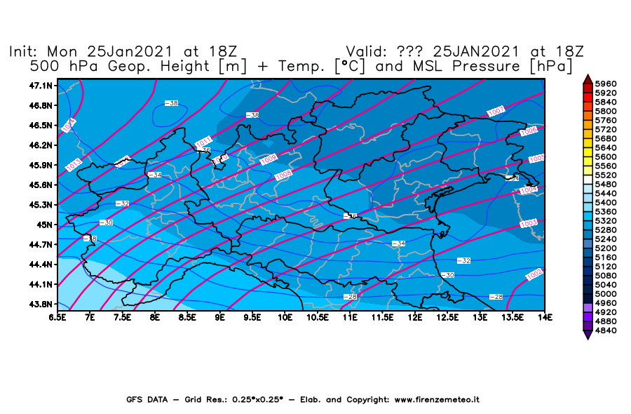 Mappa di analisi GFS - Geopotenziale [m] + Temp. [°C] a 500 hPa + Press. a livello del mare [hPa] in Nord-Italia
							del 25/01/2021 18 <!--googleoff: index-->UTC<!--googleon: index-->