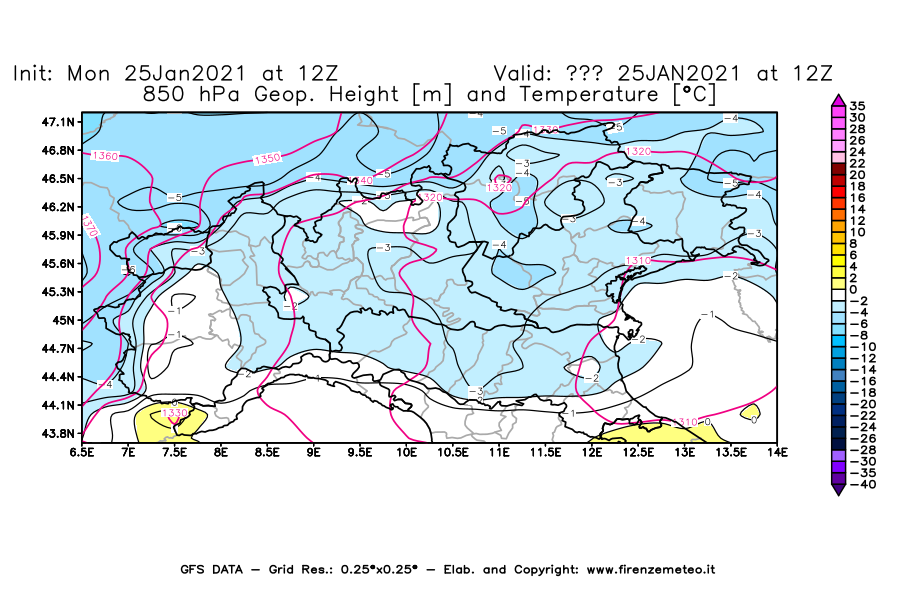 Mappa di analisi GFS - Geopotenziale [m] e Temperatura [°C] a 850 hPa in Nord-Italia
									del 25/01/2021 12 <!--googleoff: index-->UTC<!--googleon: index-->
