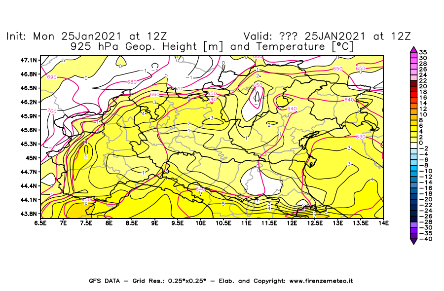 Mappa di analisi GFS - Geopotenziale [m] e Temperatura [°C] a 925 hPa in Nord-Italia
									del 25/01/2021 12 <!--googleoff: index-->UTC<!--googleon: index-->