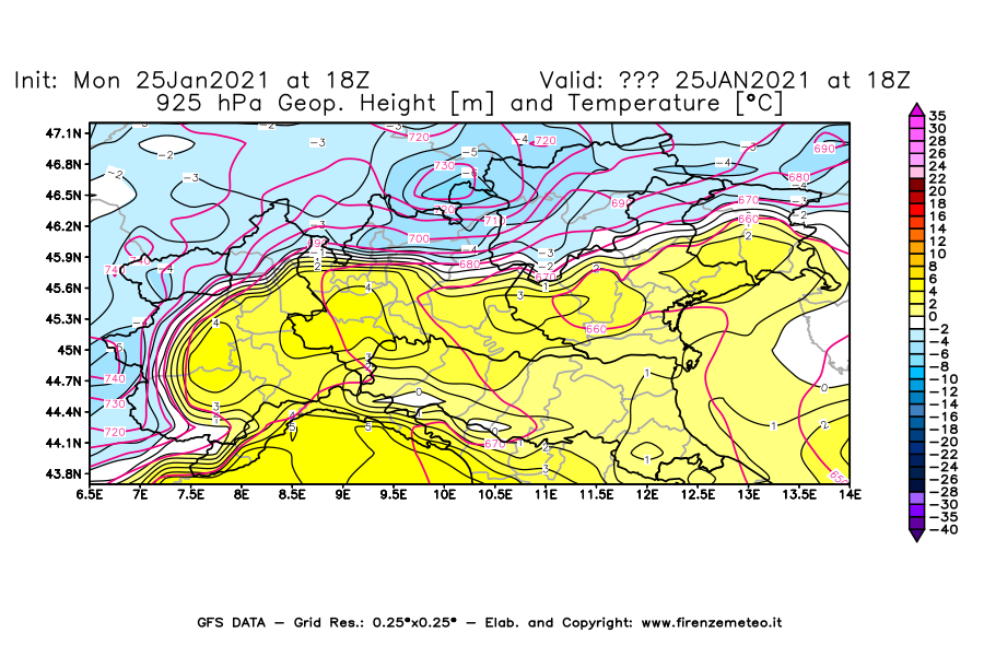 Mappa di analisi GFS - Geopotenziale [m] e Temperatura [°C] a 925 hPa in Nord-Italia
									del 25/01/2021 18 <!--googleoff: index-->UTC<!--googleon: index-->