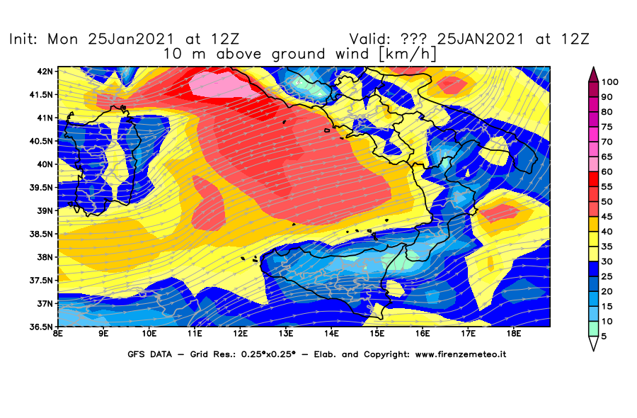 Mappa di analisi GFS - Velocità del vento a 10 metri dal suolo [km/h] in Sud-Italia
							del 25/01/2021 12 <!--googleoff: index-->UTC<!--googleon: index-->