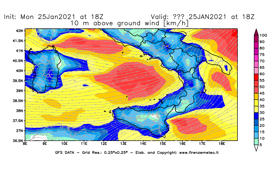 Mappa di analisi GFS - Velocità del vento a 10 metri dal suolo [km/h] in Sud-Italia
									del 25/01/2021 18 <!--googleoff: index-->UTC<!--googleon: index-->
