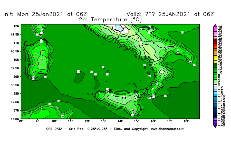 Mappa di analisi GFS - Temperatura a 2 metri dal suolo [°C] in Sud-Italia
									del 25/01/2021 06 <!--googleoff: index-->UTC<!--googleon: index-->
