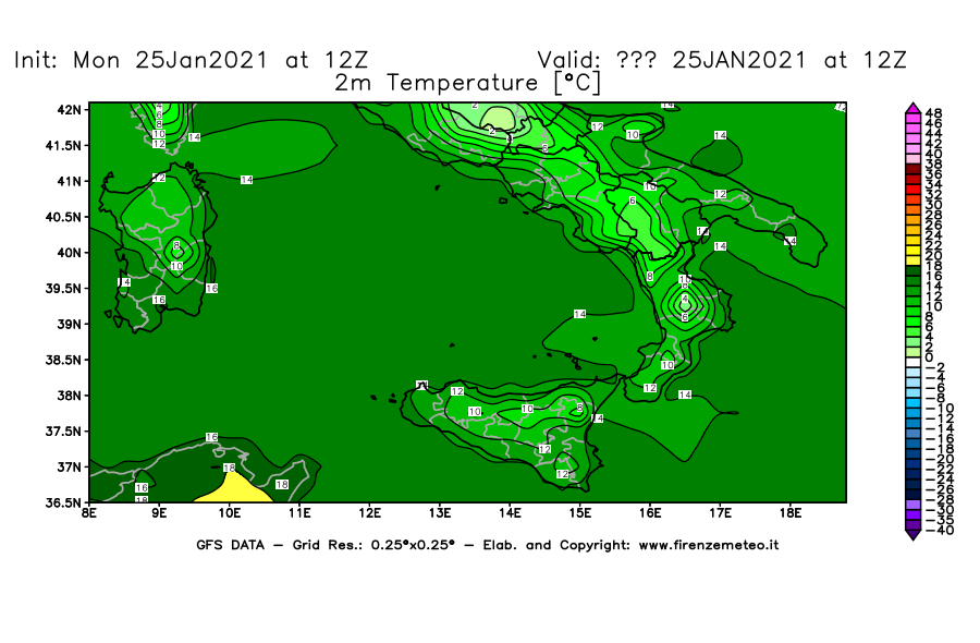Mappa di analisi GFS - Temperatura a 2 metri dal suolo [°C] in Sud-Italia
									del 25/01/2021 12 <!--googleoff: index-->UTC<!--googleon: index-->