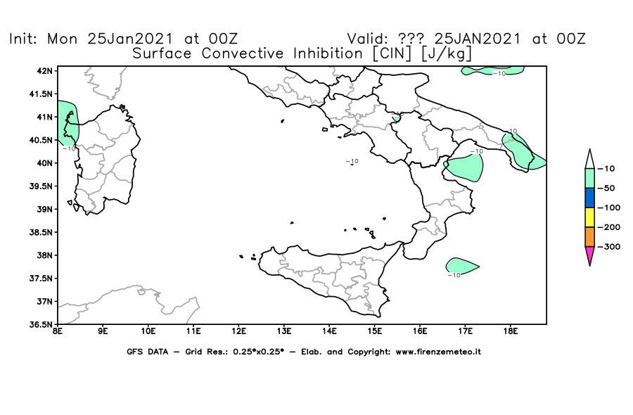 Mappa di analisi GFS - CIN [J/kg] in Sud-Italia
							del 25/01/2021 00 <!--googleoff: index-->UTC<!--googleon: index-->