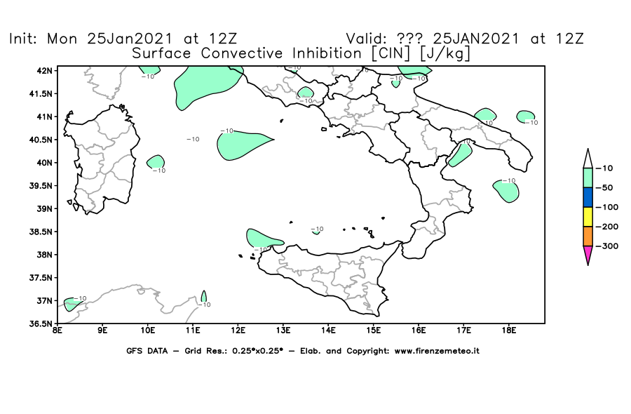 Mappa di analisi GFS - CIN [J/kg] in Sud-Italia
							del 25/01/2021 12 <!--googleoff: index-->UTC<!--googleon: index-->