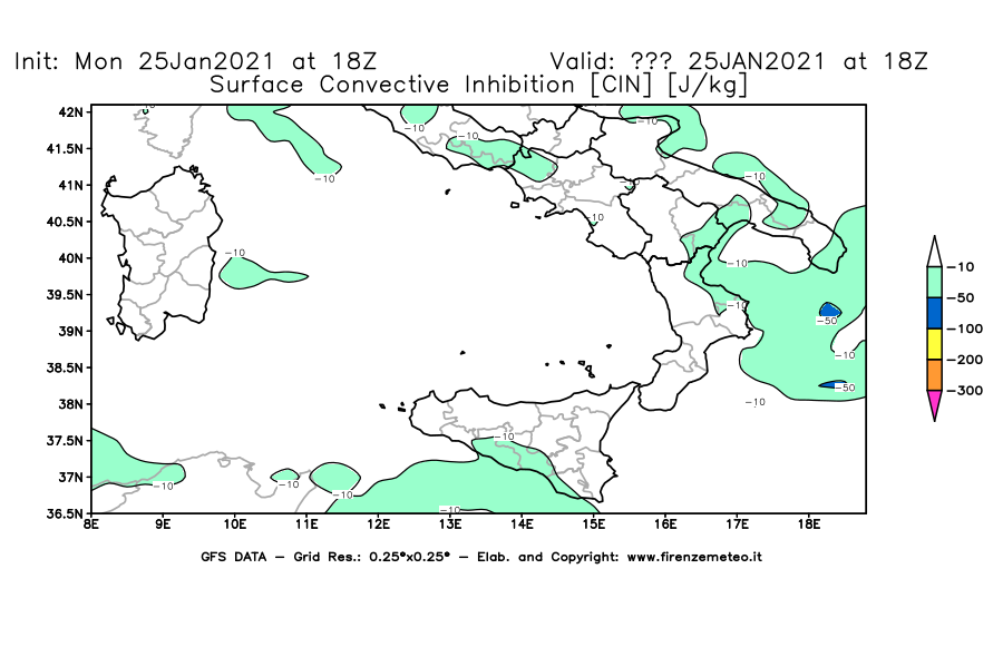 Mappa di analisi GFS - CIN [J/kg] in Sud-Italia
									del 25/01/2021 18 <!--googleoff: index-->UTC<!--googleon: index-->