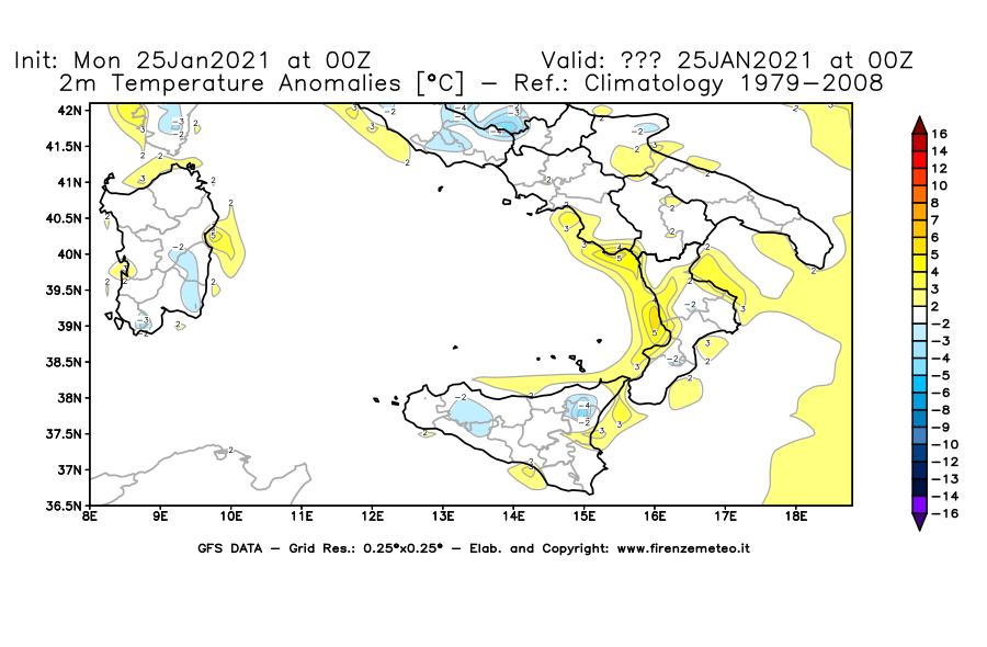 Mappa di analisi GFS - Anomalia Temperatura [°C] a 2 m in Sud-Italia
									del 25/01/2021 00 <!--googleoff: index-->UTC<!--googleon: index-->