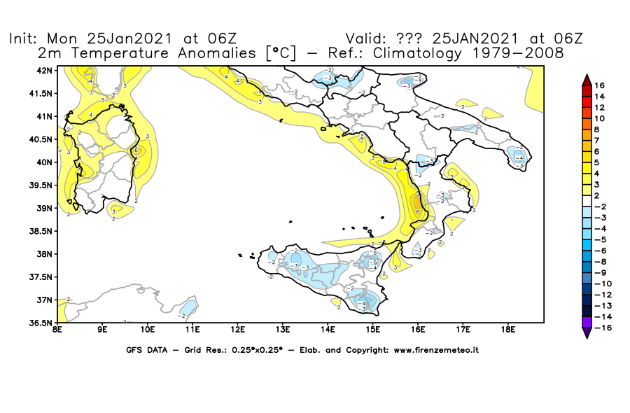 Mappa di analisi GFS - Anomalia Temperatura [°C] a 2 m in Sud-Italia
									del 25/01/2021 06 <!--googleoff: index-->UTC<!--googleon: index-->