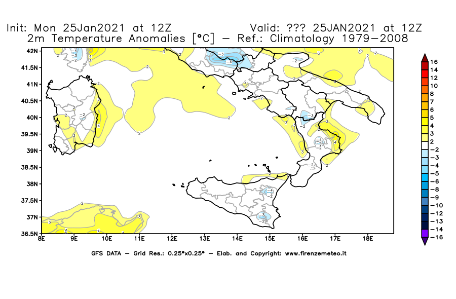 Mappa di analisi GFS - Anomalia Temperatura [°C] a 2 m in Sud-Italia
							del 25/01/2021 12 <!--googleoff: index-->UTC<!--googleon: index-->