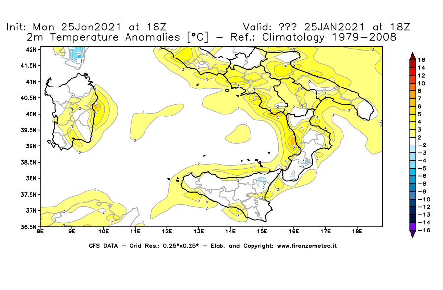 Mappa di analisi GFS - Anomalia Temperatura [°C] a 2 m in Sud-Italia
									del 25/01/2021 18 <!--googleoff: index-->UTC<!--googleon: index-->