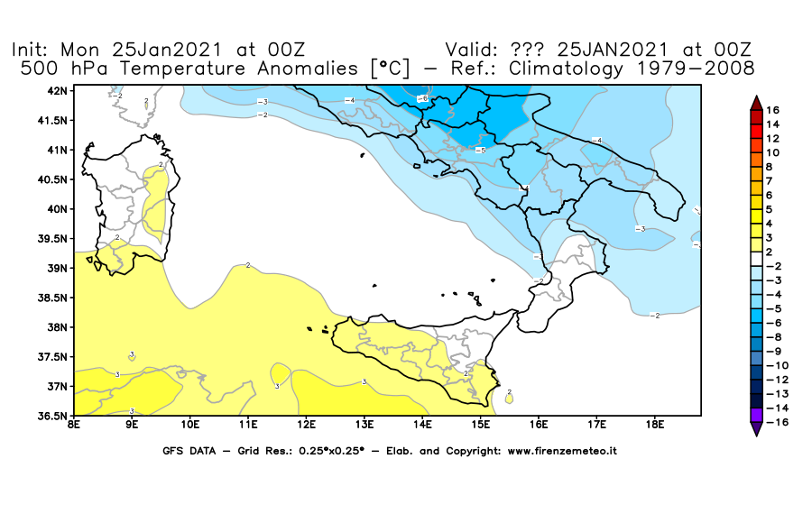 Mappa di analisi GFS - Anomalia Temperatura [°C] a 500 hPa in Sud-Italia
									del 25/01/2021 00 <!--googleoff: index-->UTC<!--googleon: index-->