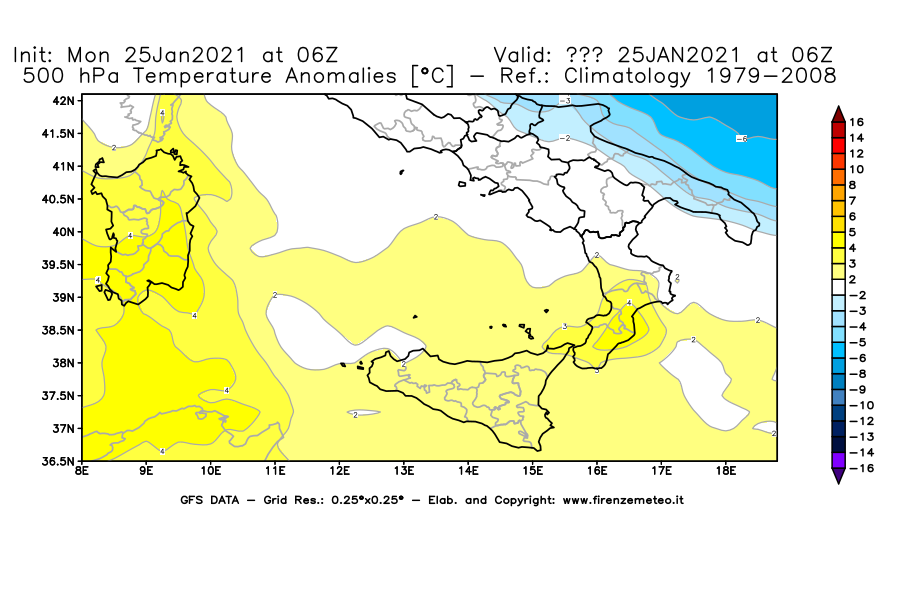 Mappa di analisi GFS - Anomalia Temperatura [°C] a 500 hPa in Sud-Italia
									del 25/01/2021 06 <!--googleoff: index-->UTC<!--googleon: index-->