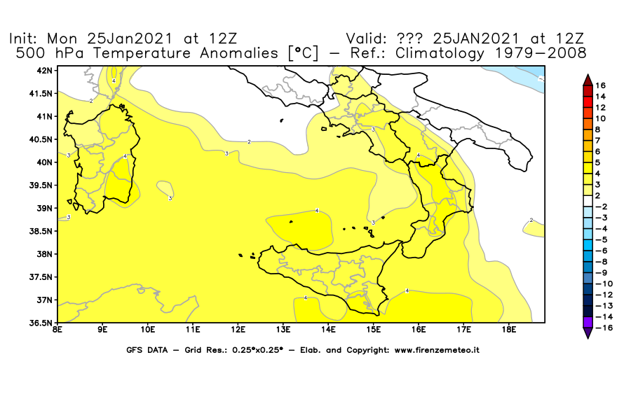 Mappa di analisi GFS - Anomalia Temperatura [°C] a 500 hPa in Sud-Italia
									del 25/01/2021 12 <!--googleoff: index-->UTC<!--googleon: index-->