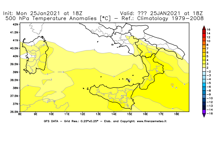 Mappa di analisi GFS - Anomalia Temperatura [°C] a 500 hPa in Sud-Italia
									del 25/01/2021 18 <!--googleoff: index-->UTC<!--googleon: index-->