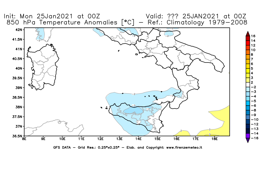 Mappa di analisi GFS - Anomalia Temperatura [°C] a 850 hPa in Sud-Italia
									del 25/01/2021 00 <!--googleoff: index-->UTC<!--googleon: index-->