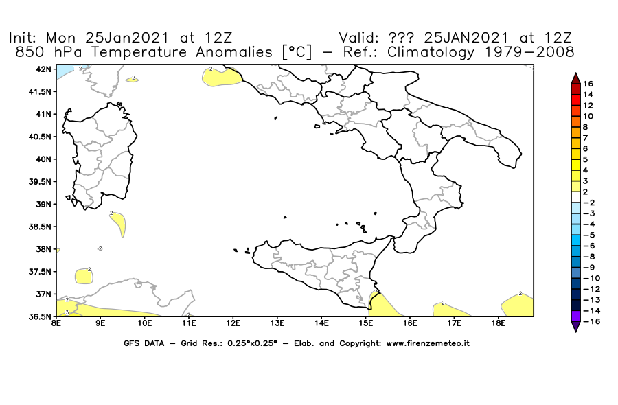 Mappa di analisi GFS - Anomalia Temperatura [°C] a 850 hPa in Sud-Italia
							del 25/01/2021 12 <!--googleoff: index-->UTC<!--googleon: index-->