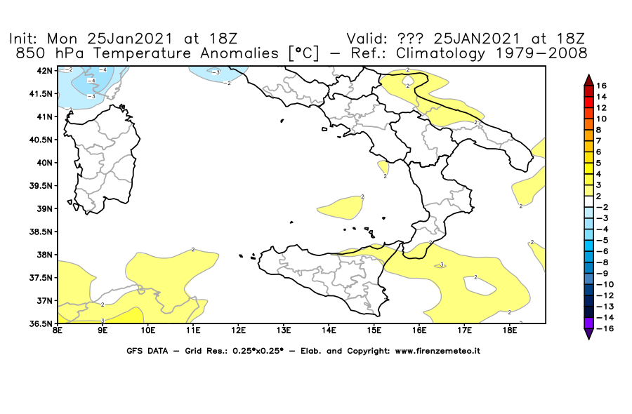 Mappa di analisi GFS - Anomalia Temperatura [°C] a 850 hPa in Sud-Italia
							del 25/01/2021 18 <!--googleoff: index-->UTC<!--googleon: index-->