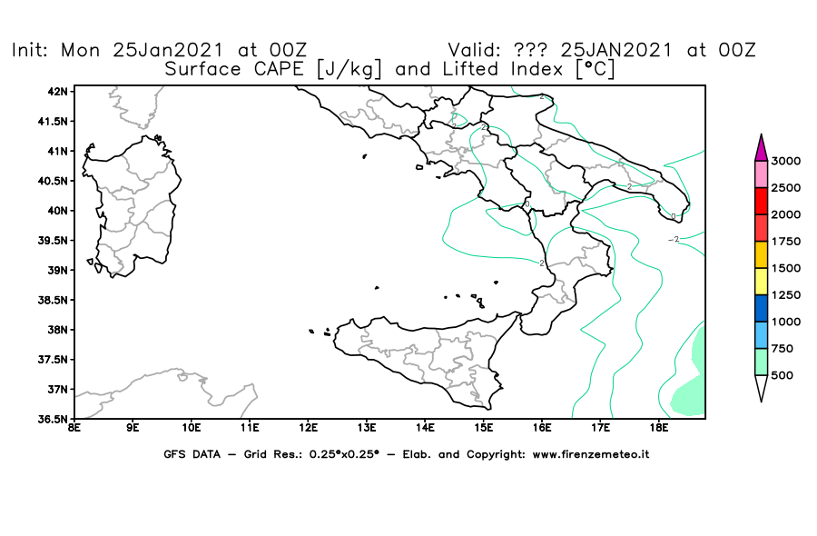 Mappa di analisi GFS - CAPE [J/kg] e Lifted Index [°C] in Sud-Italia
							del 25/01/2021 00 <!--googleoff: index-->UTC<!--googleon: index-->