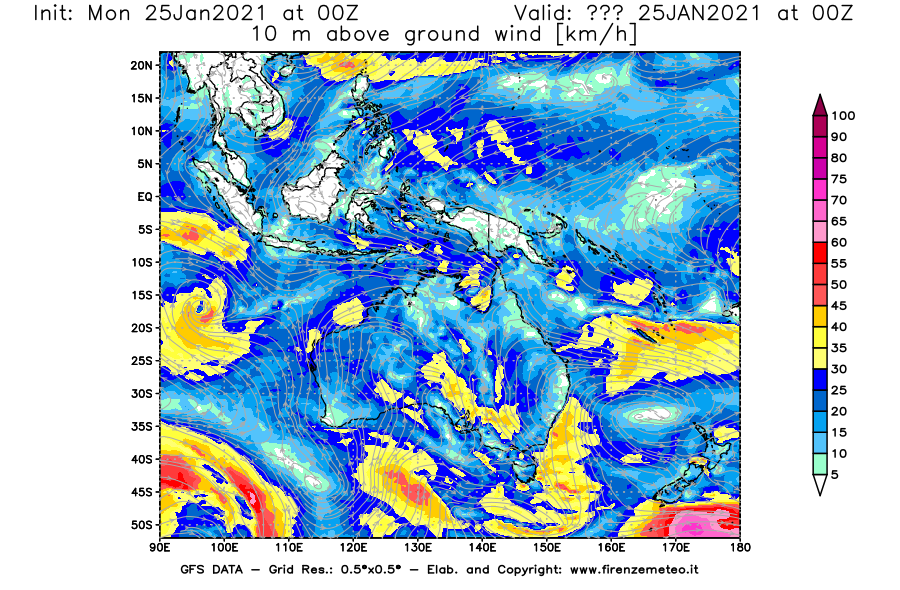 Mappa di analisi GFS - Velocità del vento a 10 metri dal suolo [km/h] in Oceania
									del 25/01/2021 00 <!--googleoff: index-->UTC<!--googleon: index-->