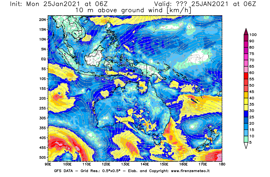 Mappa di analisi GFS - Velocità del vento a 10 metri dal suolo [km/h] in Oceania
									del 25/01/2021 06 <!--googleoff: index-->UTC<!--googleon: index-->