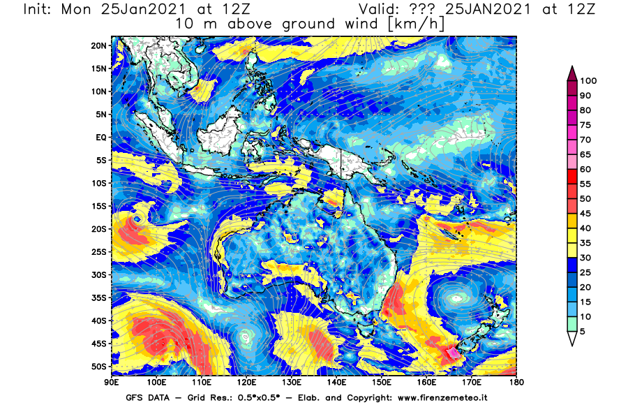 Mappa di analisi GFS - Velocità del vento a 10 metri dal suolo [km/h] in Oceania
									del 25/01/2021 12 <!--googleoff: index-->UTC<!--googleon: index-->