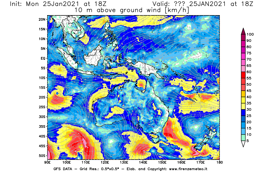 Mappa di analisi GFS - Velocità del vento a 10 metri dal suolo [km/h] in Oceania
									del 25/01/2021 18 <!--googleoff: index-->UTC<!--googleon: index-->
