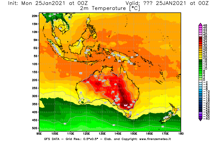 Mappa di analisi GFS - Temperatura a 2 metri dal suolo [°C] in Oceania
									del 25/01/2021 00 <!--googleoff: index-->UTC<!--googleon: index-->