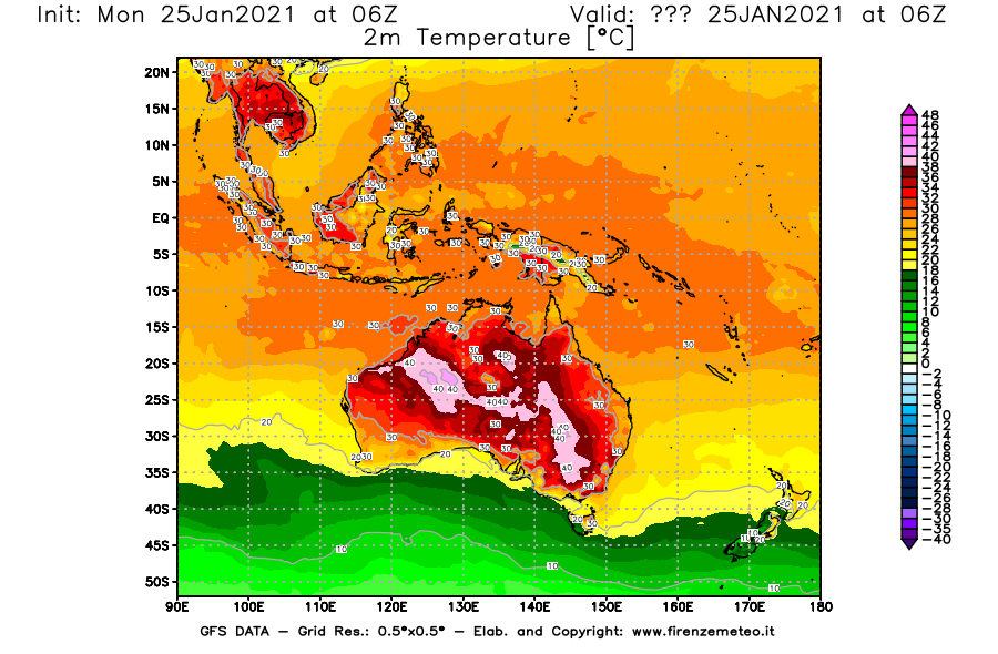 Mappa di analisi GFS - Temperatura a 2 metri dal suolo [°C] in Oceania
							del 25/01/2021 06 <!--googleoff: index-->UTC<!--googleon: index-->